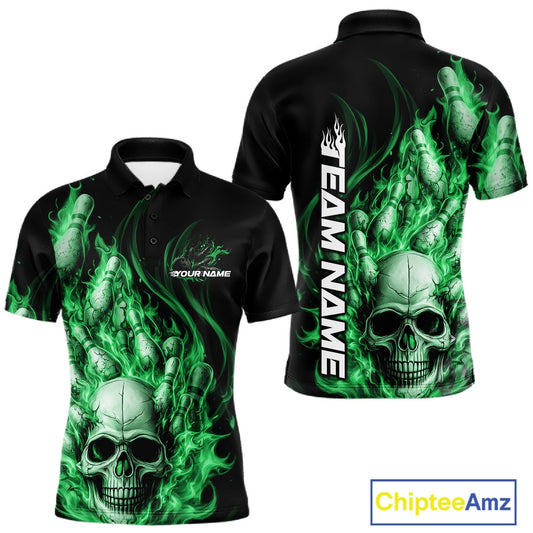 Custom Multi Styles Green Flame Skull Halloween Bowling Team Shirts, Bowling Tournament Shirt Bowling Jersey IPHW10442