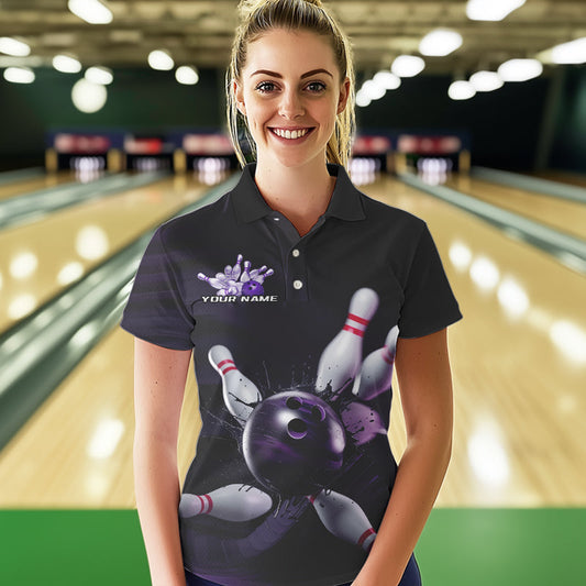 Custom Black And Purple Bowling Jerseys, Bowling League Polo Shirts For Women Team Uniform IPHW8561