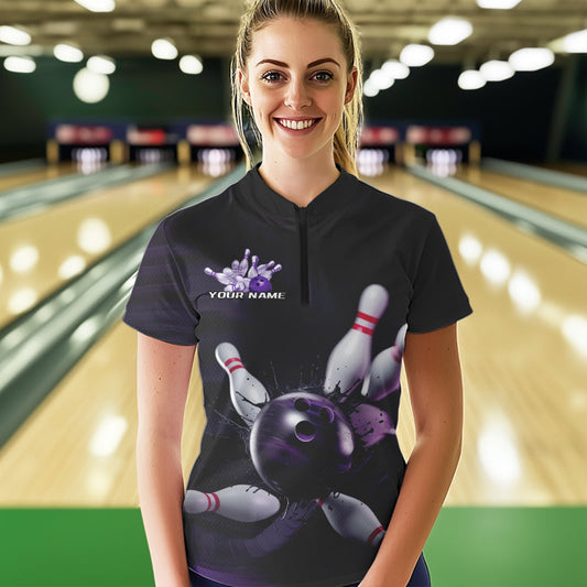 Custom Black And Purple Bowling Jerseys, Bowling League Womens Quarter-Zip Team Shirts IPHW8561