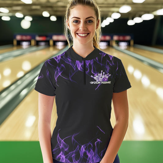 Custom Black And Purple Flame Cobra Snake Bowling Womens Quarter-Zip Shirts, Team Uniform IPHW8569