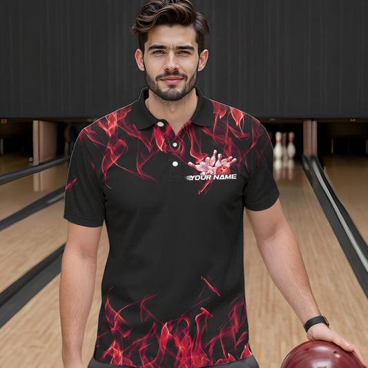 Custom Black And Red Flame Cobra Snake Bowling Polo Shirts For Men, Bowling Team Uniform IPHW8570