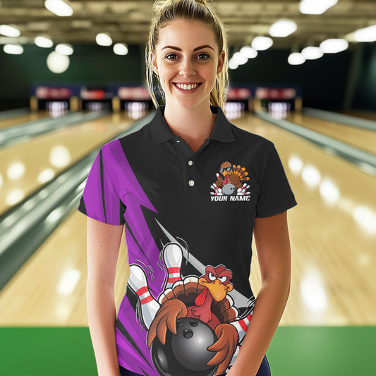Black And Purple Custom Funny Turkey Thanksgiving Bowling Team Polo Shirts For Women IPHW8877