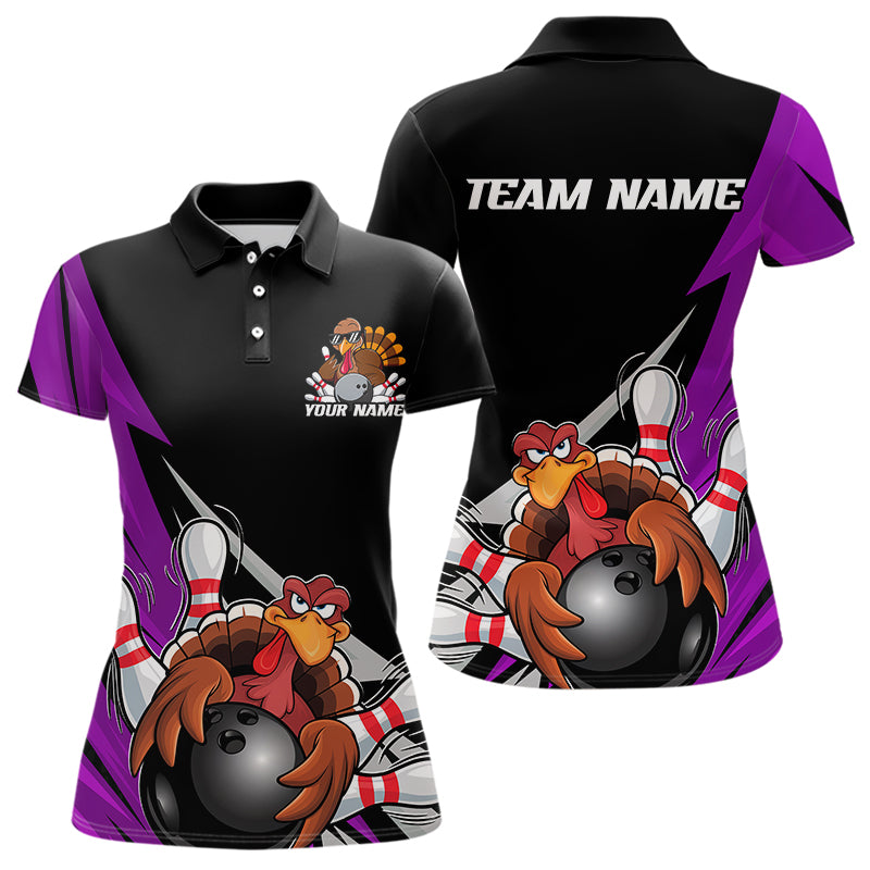 Black And Purple Custom Funny Turkey Thanksgiving Bowling Team Polo Shirts For Women IPHW8877