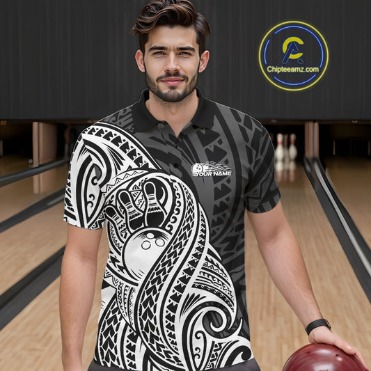 Custom Black And White Maori Style Koru Spiral Tribal Men Bowling Polo Team Shirt IPHW10949