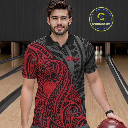 Custom Black And Red Maori Style Koru Spiral Tribal Men Bowling Polo Team Shirt IPHW10950
