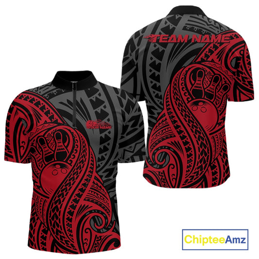 Custom Black And Red Maori Style Koru Spiral Tribal Men Bowling Quarter-Zip Team Shirt IPHW10950