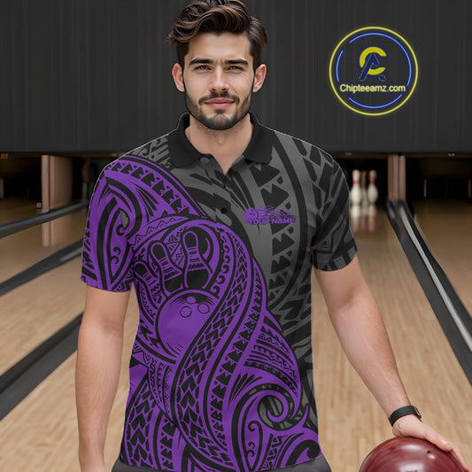 Custom Black And Purple Maori Style Koru Spiral Tribal Men Bowling Polo Team Shirt IPHW10951