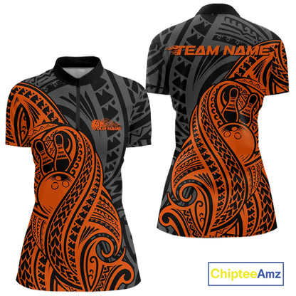 Custom Black And Orange Maori Style Koru Spiral Tribal Women Bowling Quarter-Zip Shirt IPHW10954