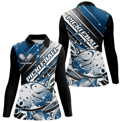 Custom Ladies Pickleball Polo Shirts, Black And Blue Pickleball Outfit Pickleball Shirts IPHW6931