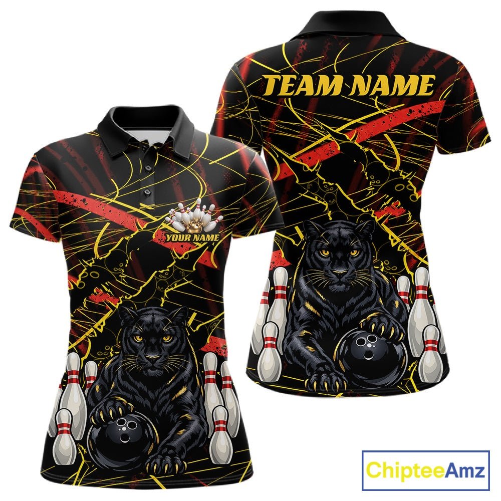 Custom Black, Gold And Red Claw Marks Black Panther Bowling Women Polo Team Shirt IPHW11635