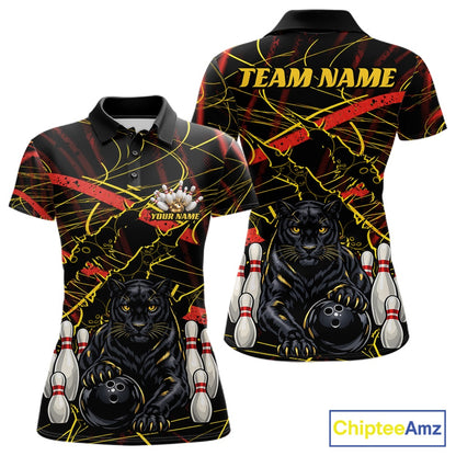Custom Black, Gold And Red Claw Marks Black Panther Bowling Women Polo Team Shirt IPHW11635