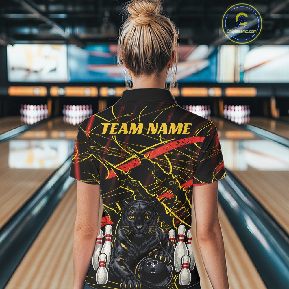Custom Black, Gold And Red Claw Marks Black Panther Bowling Women Polo Team Shirt IPHW11635
