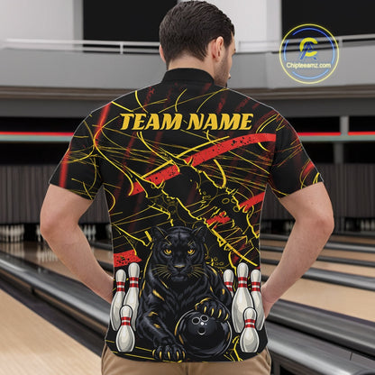 Custom Black, Gold And Red Claw Marks Black Panther Bowling Men Quarter Zip Team Shirt IPHW11635