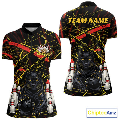 Custom Black, Gold And Red Claw Marks Black Panther Bowling Women Quarter-Zip Team Shirt IPHW11635