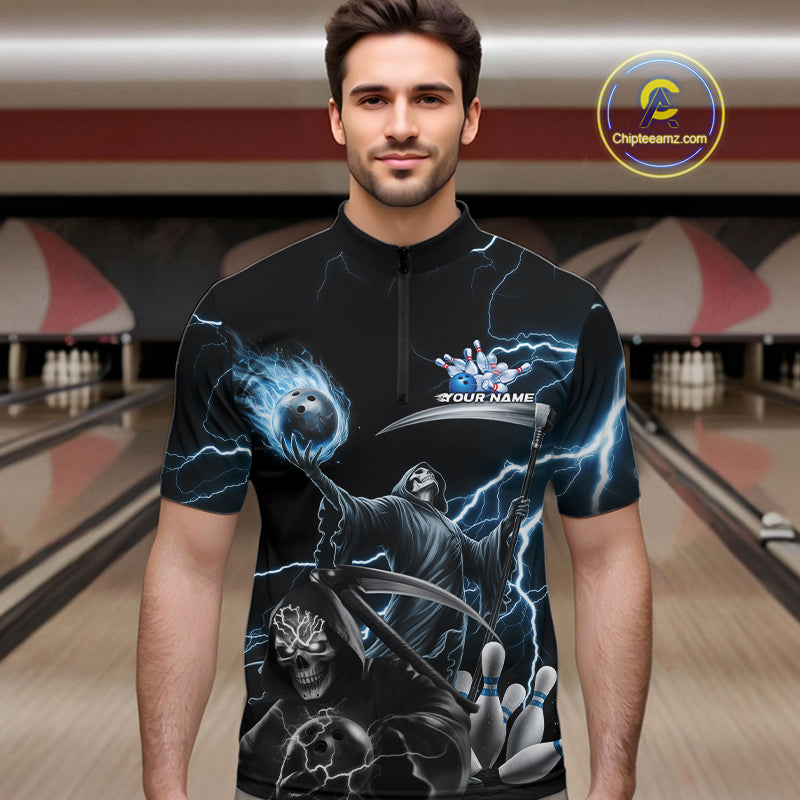Custom Blue Lightning Grim Reaper Skull Bowling Men Quarter-Zip Shirt, Halloween Outfit IPHW9848