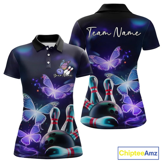Custom Butterfly Bowling Polo Shirts For Women, Bowling Team Shirt With Butterflies IPHW8147