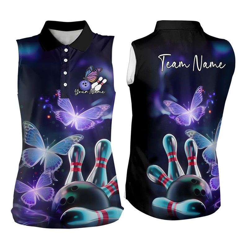 Custom Butterfly Bowling Sleeveless Polo Shirts For Women, Bowling Team Shirt With Butterflies IPHW8147