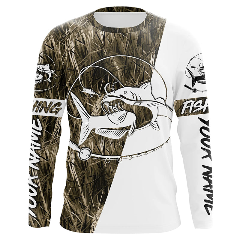 Catfish Fishing Grass Camo Custom Long Sleeve Fishing Shirts, Catfish Tournament Fishing Jerseys IPHW5778