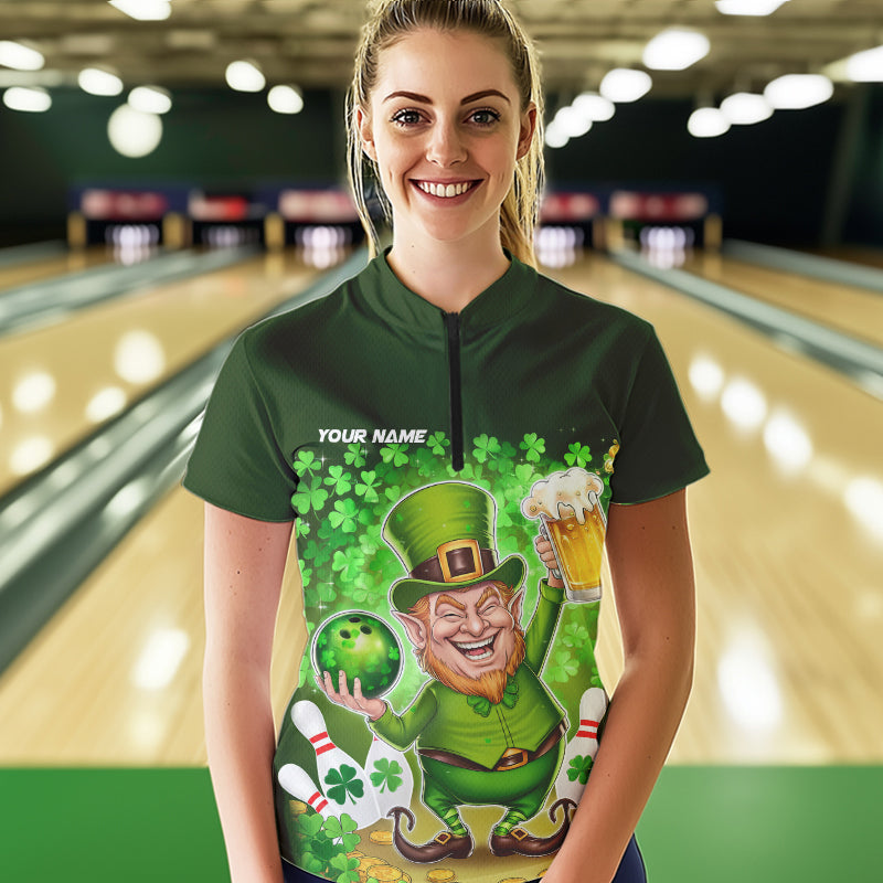 Funny Leprechaun And Beer Custom St Patricks Day Bowling Womens Quarter-Zip Shirts IPHW8382