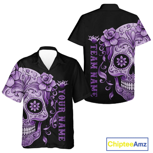 Purple Sugar Skull Tattoo Custom Men And Women Bowling Hawaiian Shirt, Halloween Team Bowling Jerseys IPHW10722
