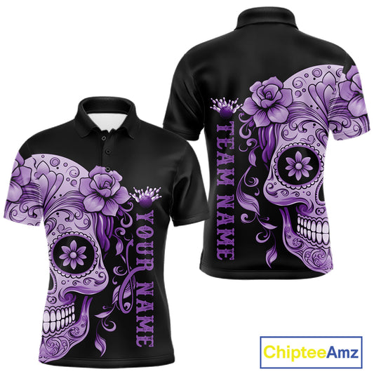 Purple Sugar Skull Tattoo Custom Men Bowling Polo Shirt, Halloween Team Bowling Jerseys IPHW10722