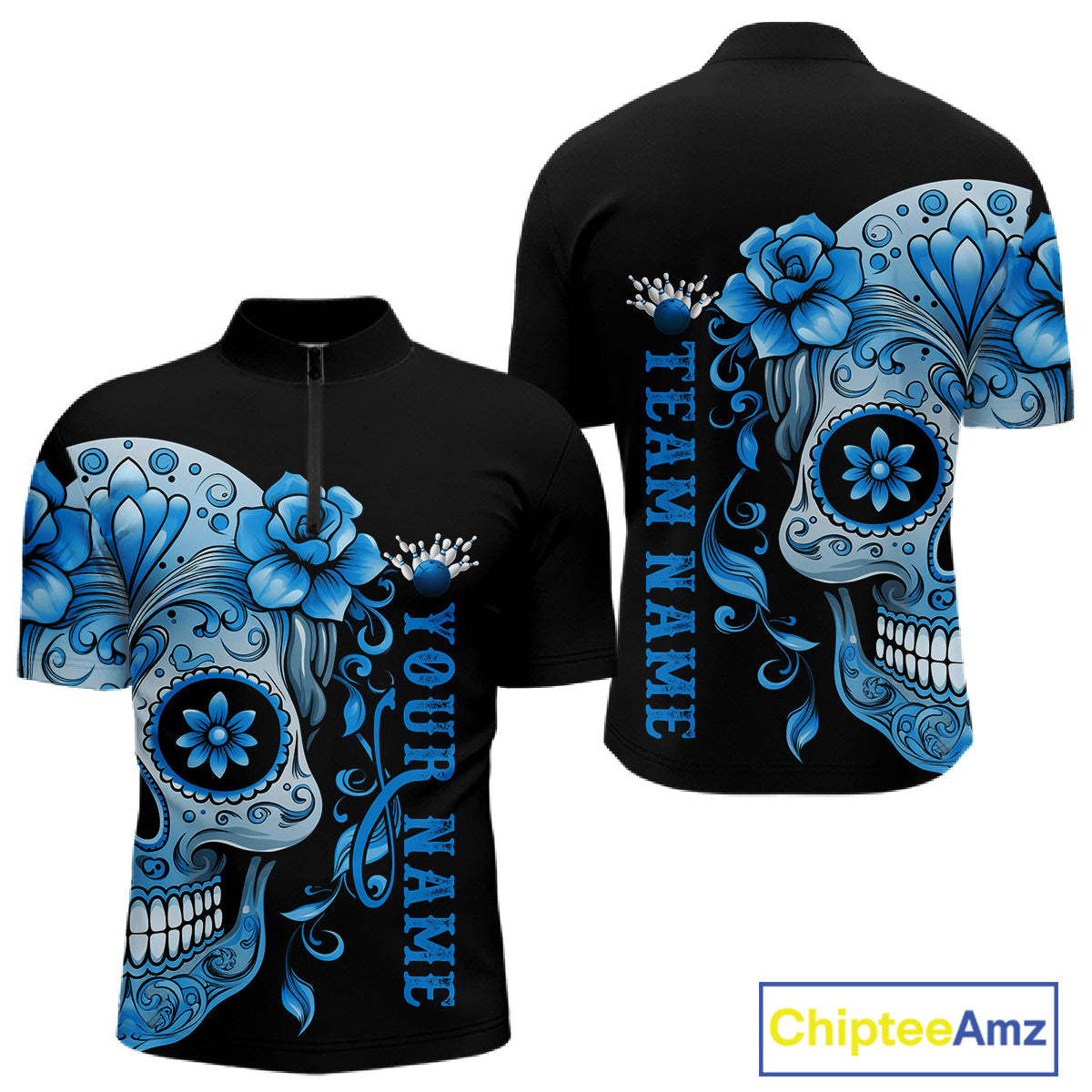 Blue Sugar Skull Tattoo Custom Men Bowling Quarter-Zip Shirt, Halloween Team Bowling Jerseys IPHW10723