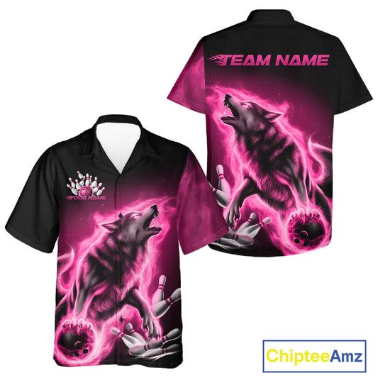 Pink Flame Wolf Custom Bowling Team Shirt For Men And Women, Fire Wolf Bowling Jerseys IPHW10734
