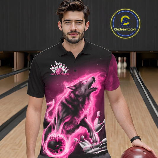 Pink Flame Wolf Custom Bowling Team Shirt For Men, Fire Wolf Bowling Jerseys IPHW10734