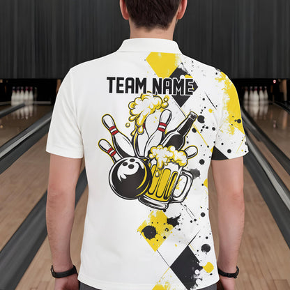 Yellow Argyle Pattern Custom Funny Bowling And Beer Team Polo Shirts For Men IPHW8889