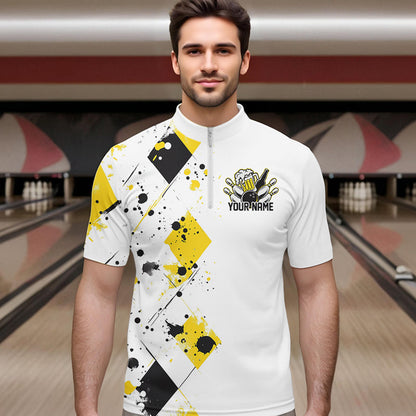 Yellow Argyle Pattern Custom Funny Bowling And Beer Team Quarter-Zip Shirts For Men IPHW8889