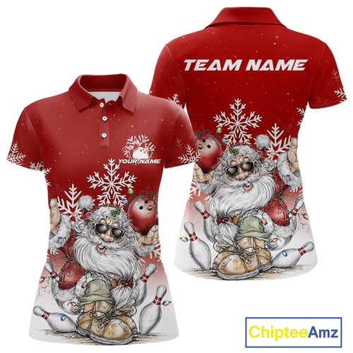 Custom Funny Santa Claus Christmas Bowling Women Polo Shirts, Xmas Bowling Team Shirt IPHW10108