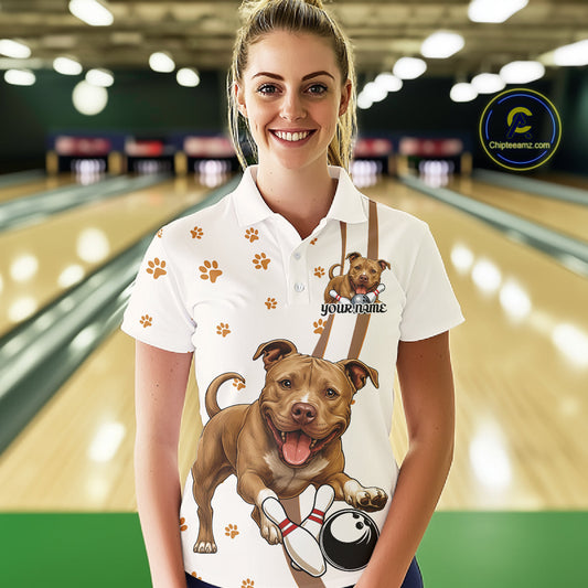 Custom Funny Brown Pitbull Dog Bowling Women Polo Shirts, Dog Paw Print Bowler Outfit IPHW10248