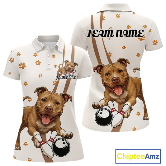 Custom Funny Brown Pitbull Dog Bowling Women Polo Shirts, Dog Paw Print Bowler Outfit IPHW10248