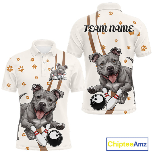 Custom Funny Pitbull Dog Bowling Men Polo Shirts, Dog Paw Print Bowler Outfit IPHW10249
