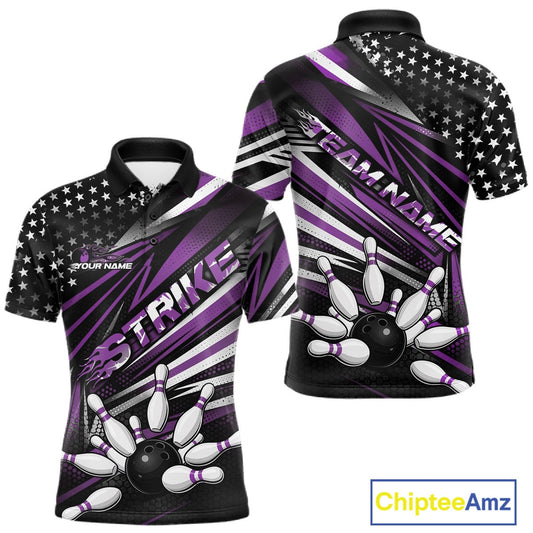 Custom Black And Purple US Flag Patriotic Strike Bowling Team Shirt, Freedom Bowling League Shirt Bowler Jersey IPHW10461