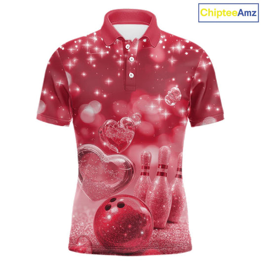 Custom Red Valentine Bowling Couple Shirts, Red Heart Theme Bowling Jerseys With His Name And Her Name IPHW10467