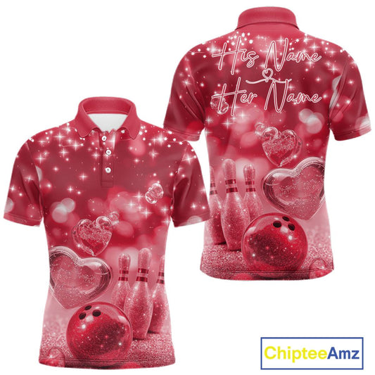 Custom Red Valentine Bowling Couple Shirts, Red Heart Theme Bowling Jerseys With His Name And Her Name IPHW10467