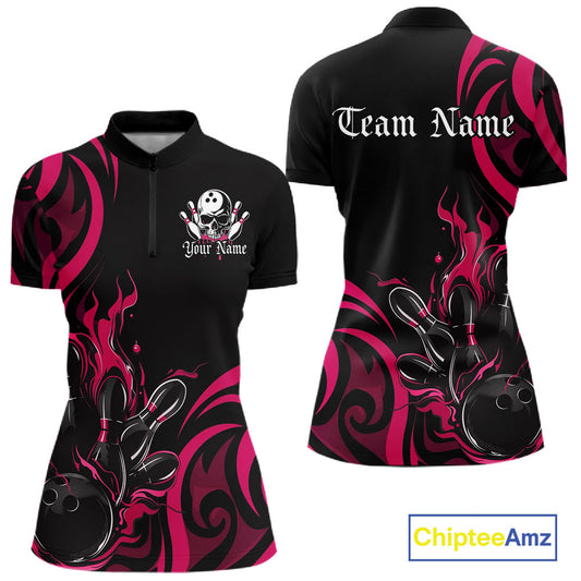 Custom Black And Pink Tribal Flame Bowling Women Shirts, Bowling League Team Jerseys IPHW10737