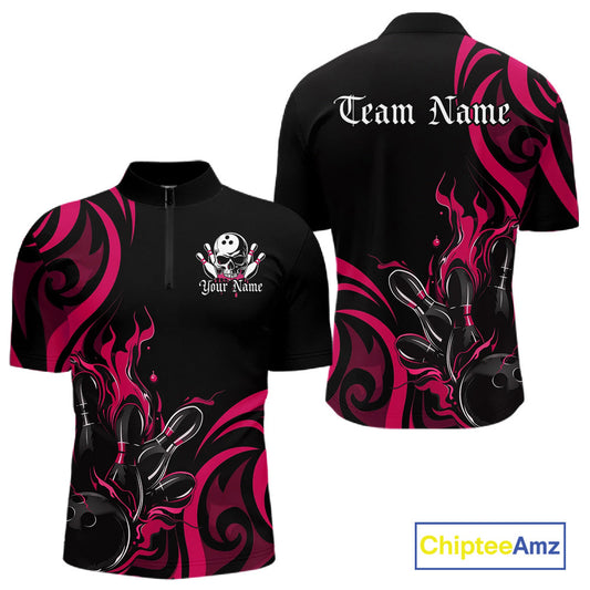 Custom Black And Pink Tribal Flame Bowling Men Shirts, Bowling League Shirt Team Jerseys IPHW10737