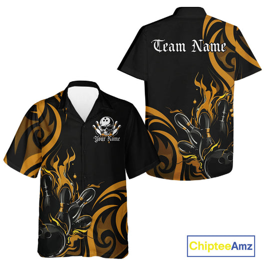Custom Black And Yellow Tribal Flame Bowling Men And Women Shirt, Bowling League Shirt Team Jerseys IPHW10739