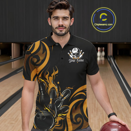 Custom Black And Yellow Tribal Flame Bowling Men Shirt, Bowling League Shirt Team Jerseys IPHW10739