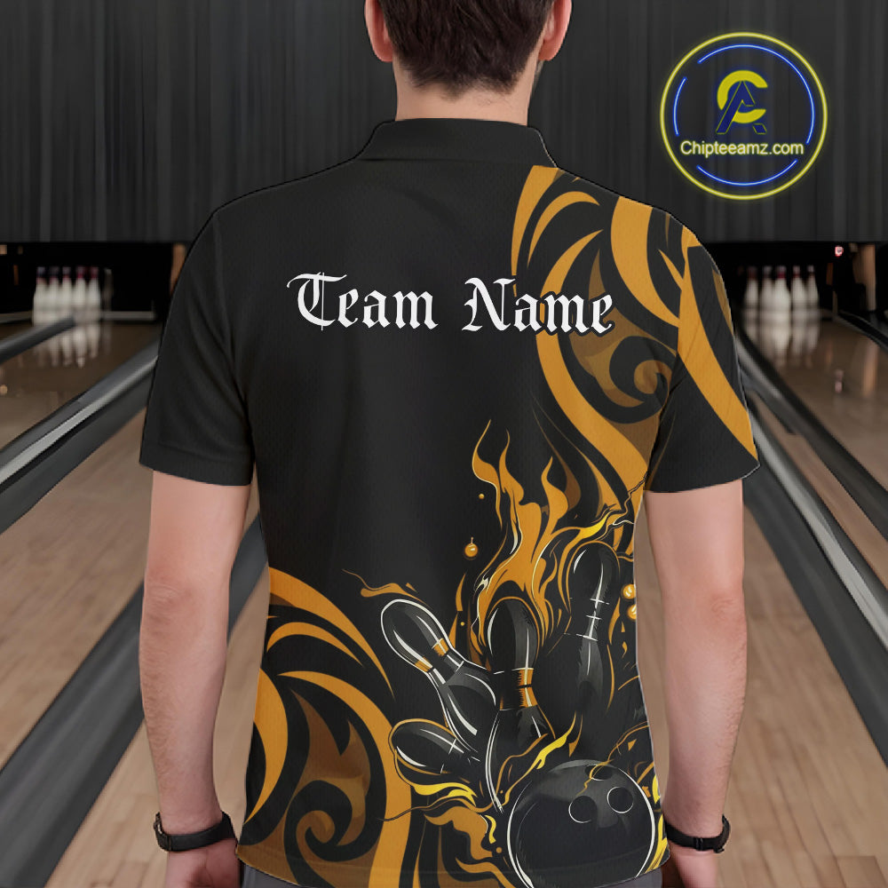 Custom Black And Yellow Tribal Flame Bowling Men Shirt, Bowling League Shirt Team Jerseys IPHW10739