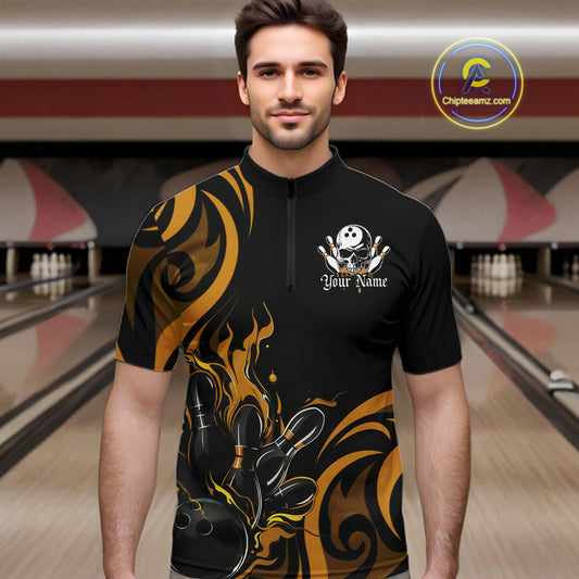 Custom Black And Yellow Tribal Flame Bowling Men Shirt, Bowling League Shirt Team Jerseys IPHW10739