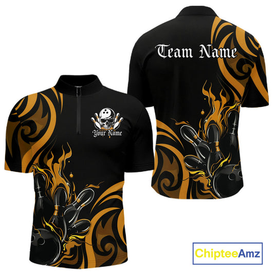 Custom Black And Yellow Tribal Flame Bowling Men Shirt, Bowling League Shirt Team Jerseys IPHW10739
