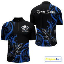 Load image into Gallery viewer, Custom Black And Blue Tribal Flame Bowling Men Shirt, Bowling League Shirt Team Jerseys IPHW10740