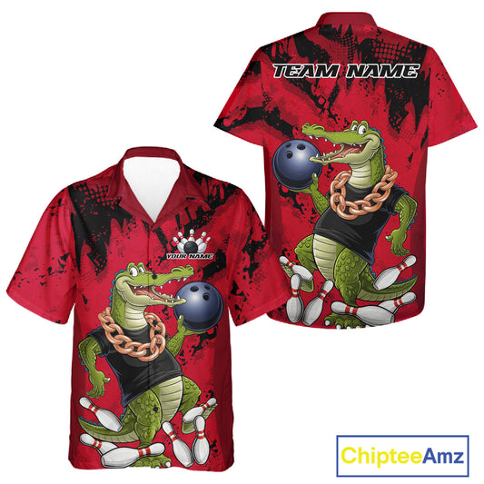 Red Custom Funny Alligator Bowling Men And Women Hawaiian Shirt, Bowling Team Jerseys Bowler Outfit IPHW10772