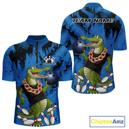 Blue Custom Funny Alligator Bowling Men Quarter-Zip Shirt, Bowling Team Jerseys Bowler Outfit IPHW10773