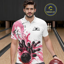 Load image into Gallery viewer, Male model wearing a white and pink bowling polo shirt at the lane with musical bowling graphics and flowing note accents.