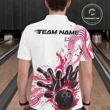 Load image into Gallery viewer, Back view of a male model in a white and pink bowling polo shirt featuring bowling strike artwork and music-inspired details.