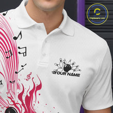 Load image into Gallery viewer, Left chest close-up of a white and pink bowling polo shirt displaying bowling graphics with flowing music note waves.